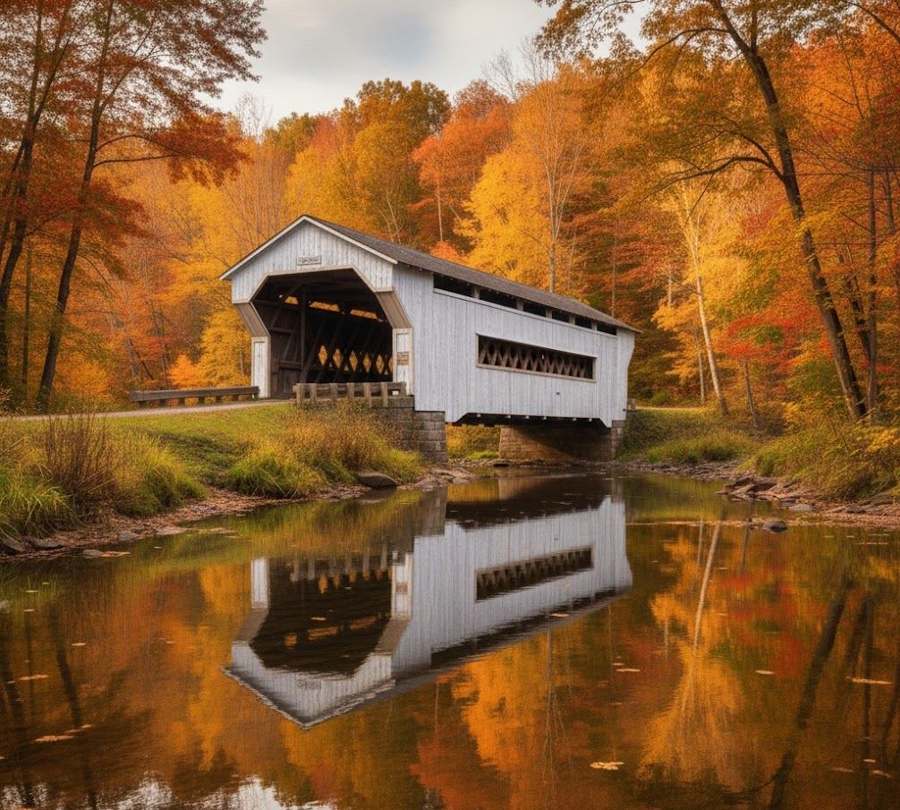 A white covered bridge over a still creek, framed by orange and gold fall trees